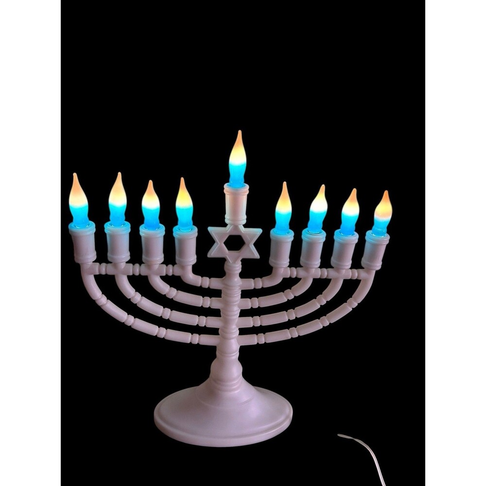 Vintage Electric Menorah 9 Light White Plastic Plug In Hanukkah Candelabra 14 In